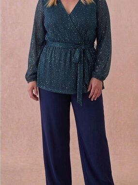 BloomChic Teal Sparkle Wrap Blouse with Self-Tie